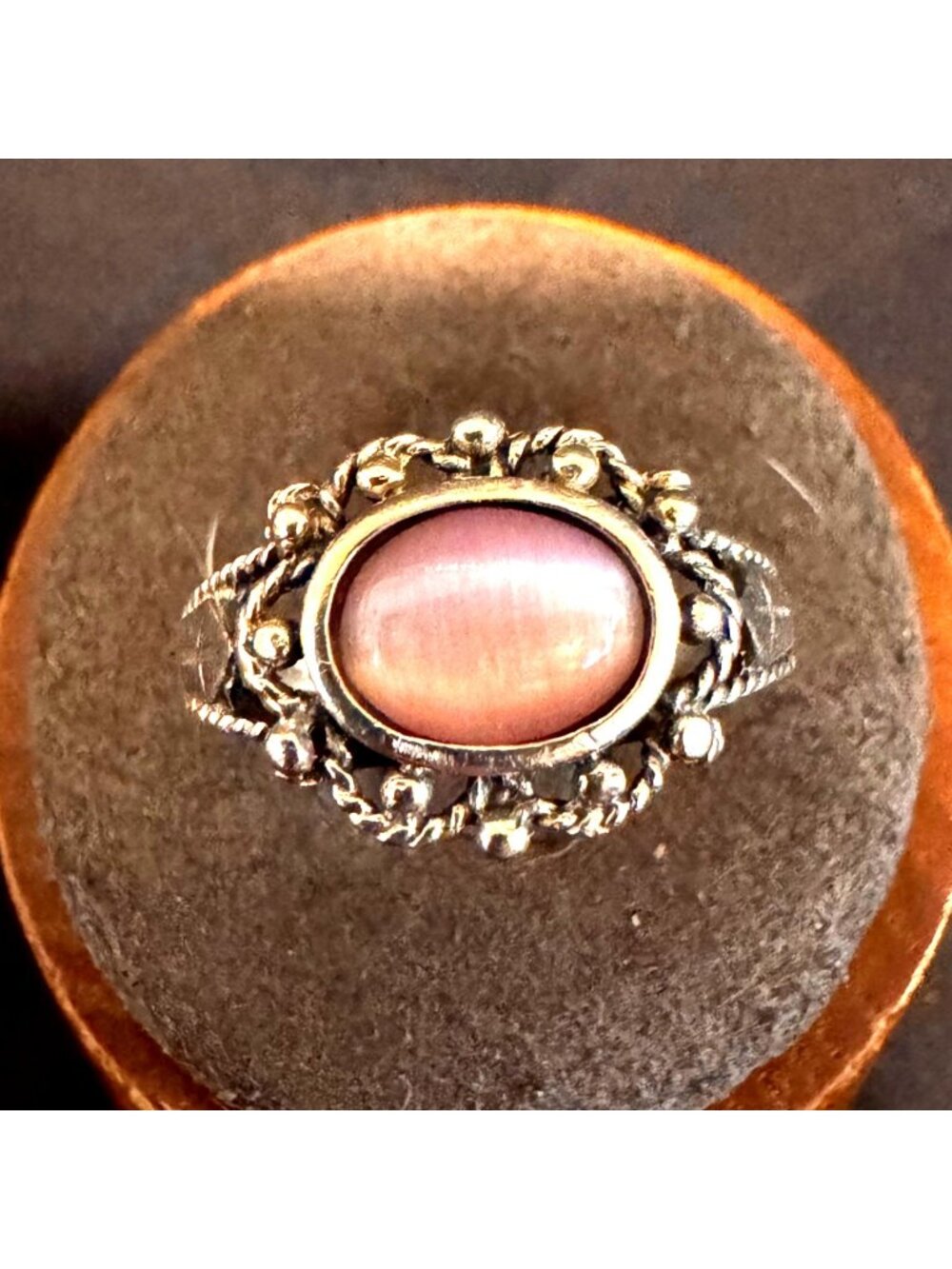 Solid Sterling Silver 925 Pink Cat's Eye Bezel Set Statement Ring Size 7.5